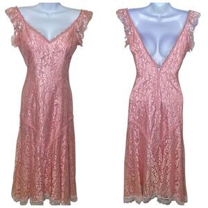Vintage 80’s Newleaf By Samir Cocktail Prom Lace Dress Pink with Ivory Trim 5/6